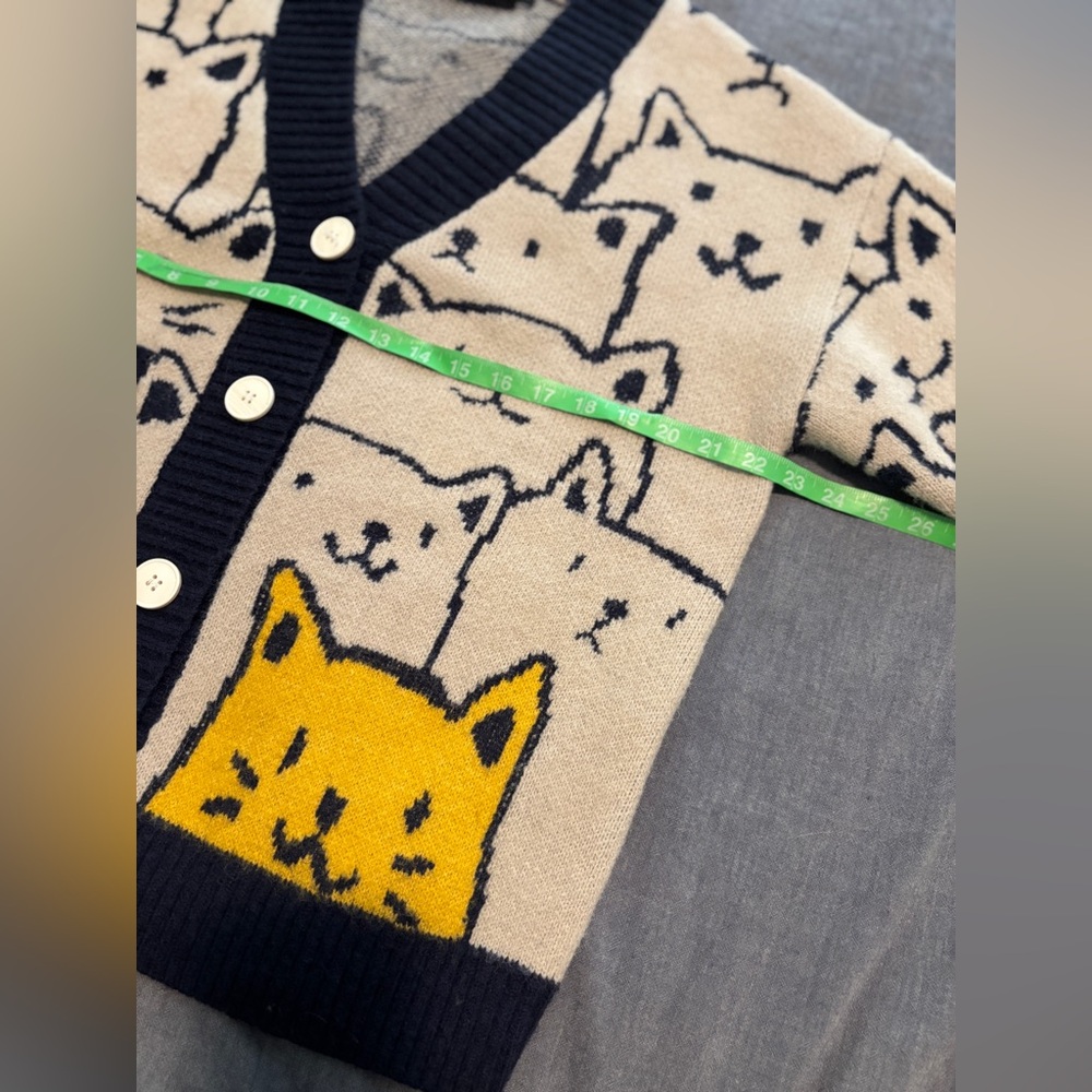 Cat Button-Up Knit Oversized Cardigan, Navy blue, beige - Picture 8 of 9